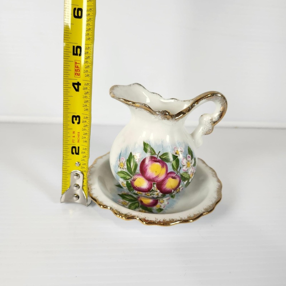 HOMCO Miniature Pitcher and Saucer Set Porcelain Fruit Design Gold Trim Japan